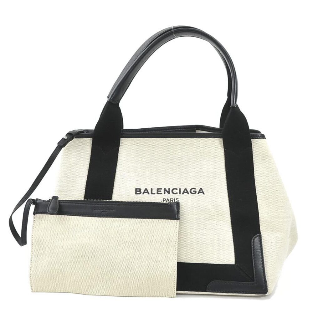 Balenciaga Navy Tote White Canvas Blue Bag Black Leather Cabas Shoulder - Picture 2 of 4